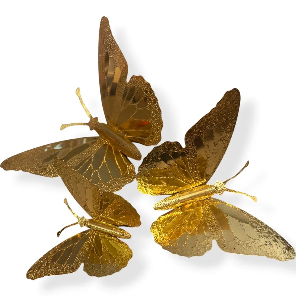 Vintage Gold Metal Butterfly Wall Decor Set of 3 Embossed Textured MCM Style